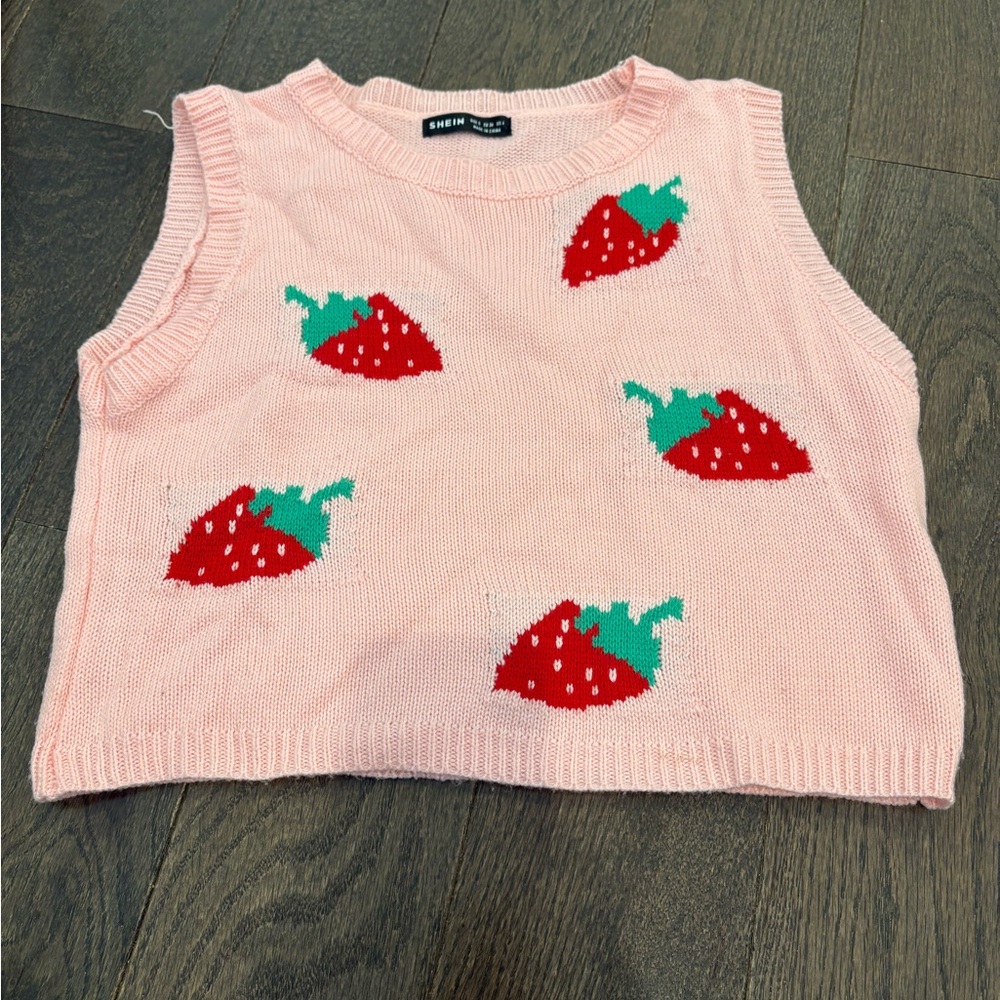 SHEIN  Pink Sleeveless Strawberry Sweater